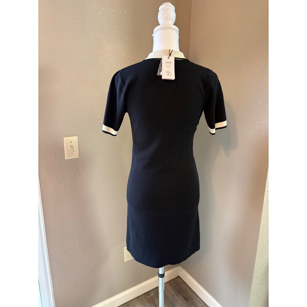 Cider Black Cream Knit Button Front Mod Dress Pearl Buttons M - Picture 3 of 8